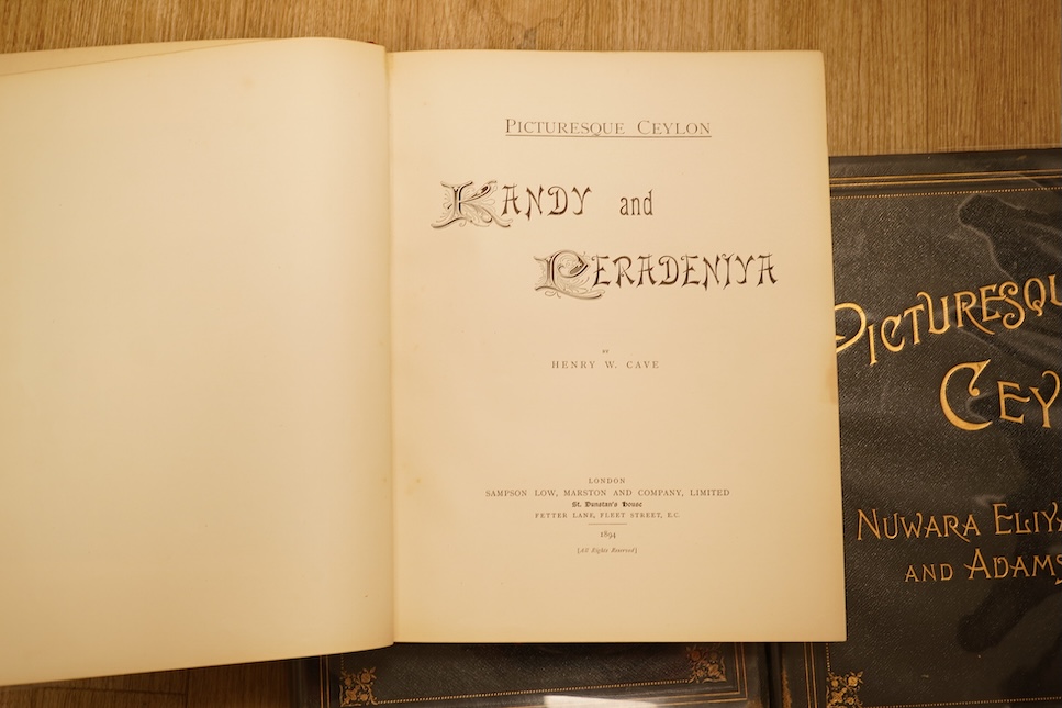 Cave, Henry W. - Picturesque Ceylon. 1st edition, 3 vols, 91 photo . plates (with captioned guards); original gilt ruled, decorated and lettered morocco, ge. and marbled e/ps., roy. 4to. 1893-95. *(E.R. Tongue-Croxall)